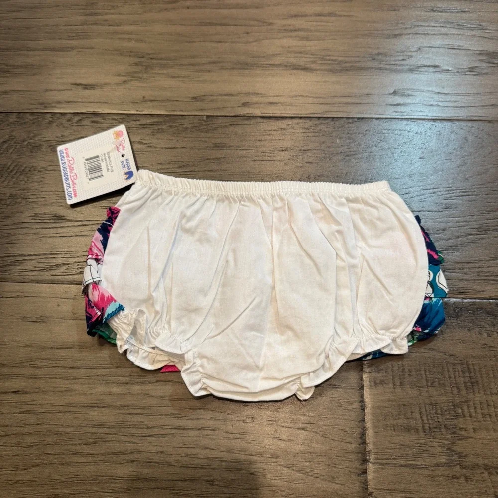 NWT‎ RuffleButts Bloomer Diaper Cover 12-18 Mo Pink Bow Tropical Floral Ruffles